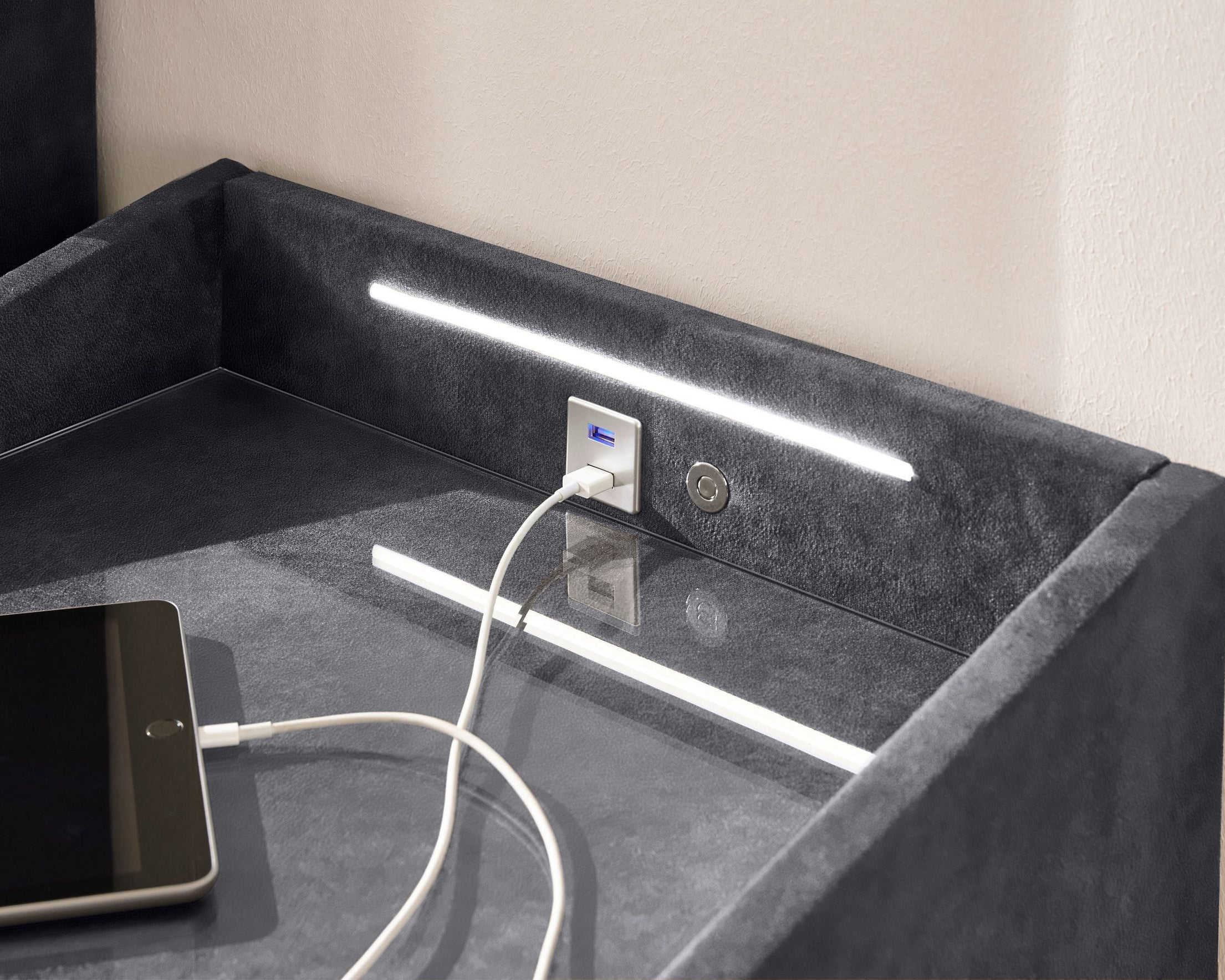 Noptiera tapitata Moon, antracit, 3 sertare, iluminare LED, USB Arboteca