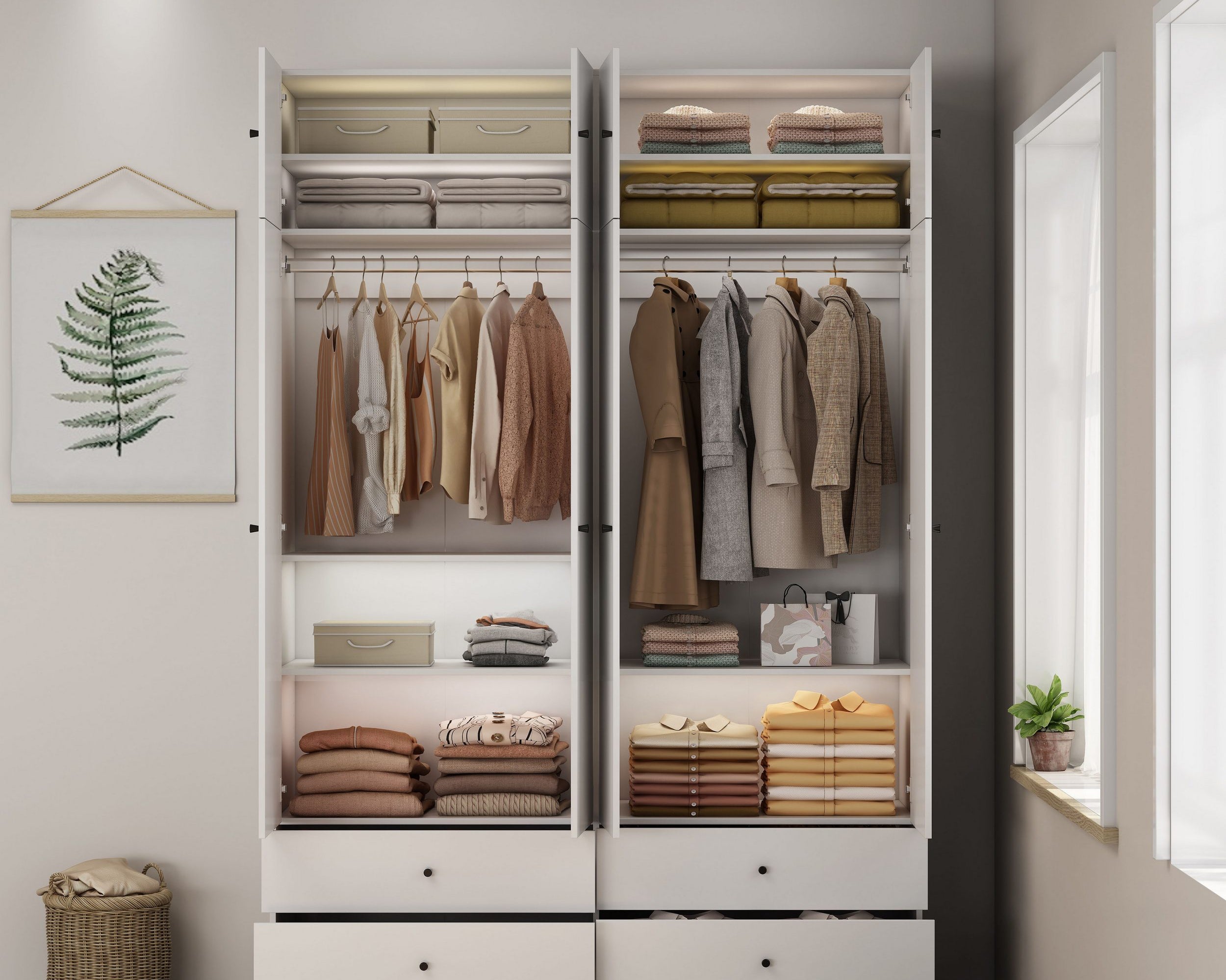 Garderobă OSLO, stil scandinav-boho, 8 uși, PAL FSC®, 160×52×240 cm Arboteca