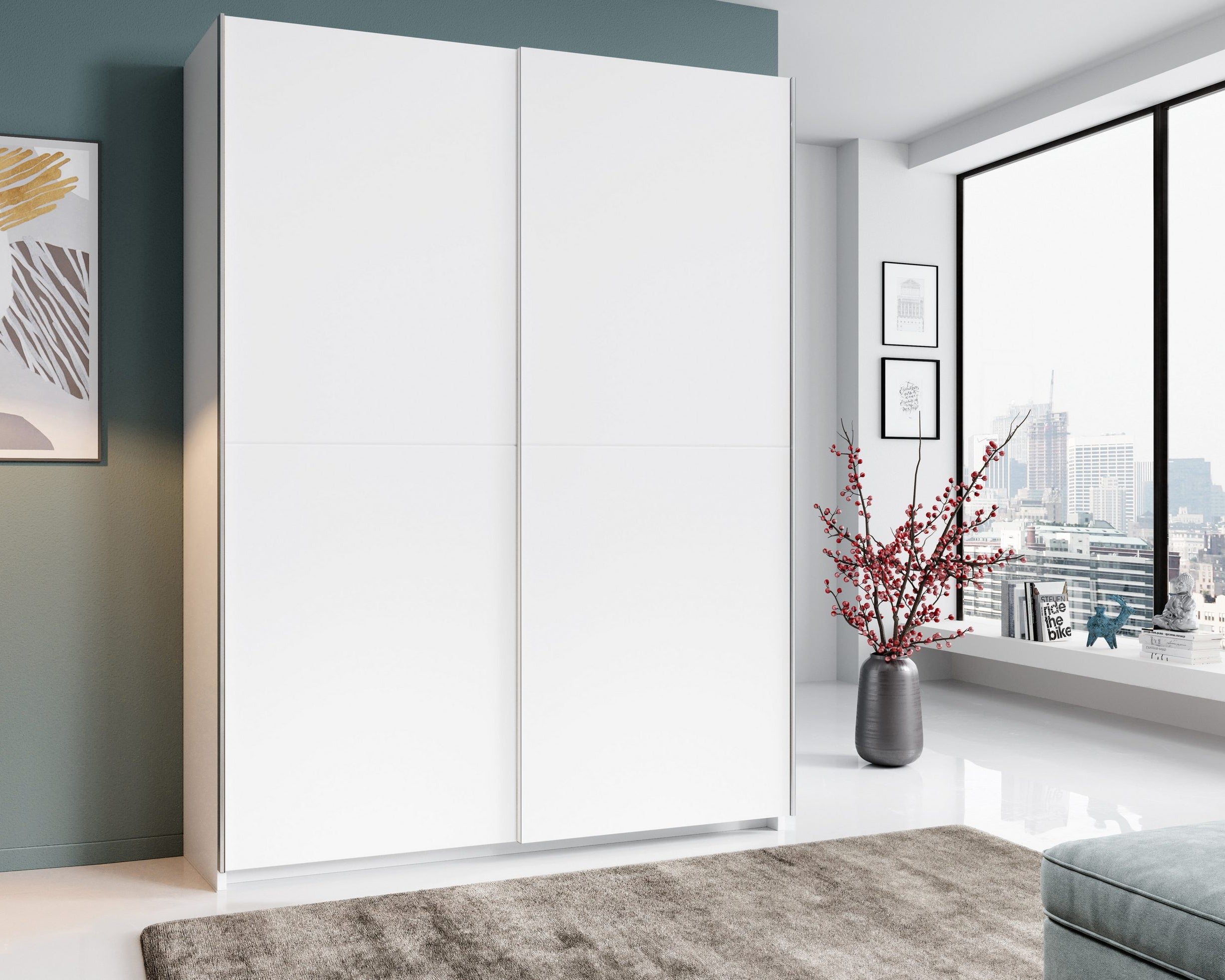 Dulap cu usi glisante Heimo , Alb , 150 cm latime , 38 cm adancime Arboteca