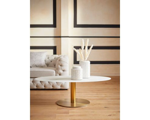 Masuță de cafea sticlă Shinely, aspect marmură, cadru metalic, alb-auriu, 120x64x40 cm Arboteca