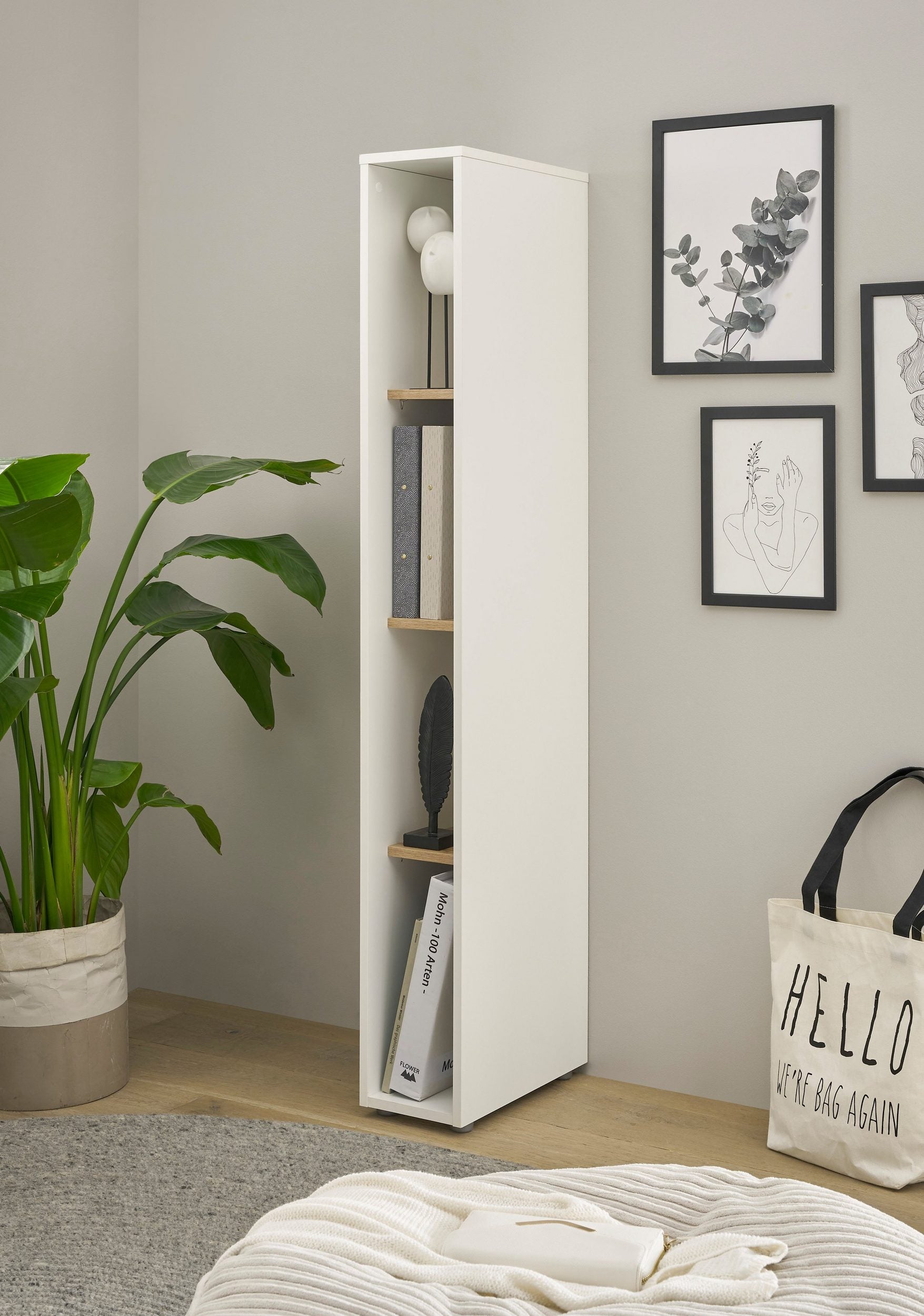 Etajeră Giron, 20x40x158 cm, alb/stejar Wotan, PAL melaminat, 3 rafturi deschise Arboteca