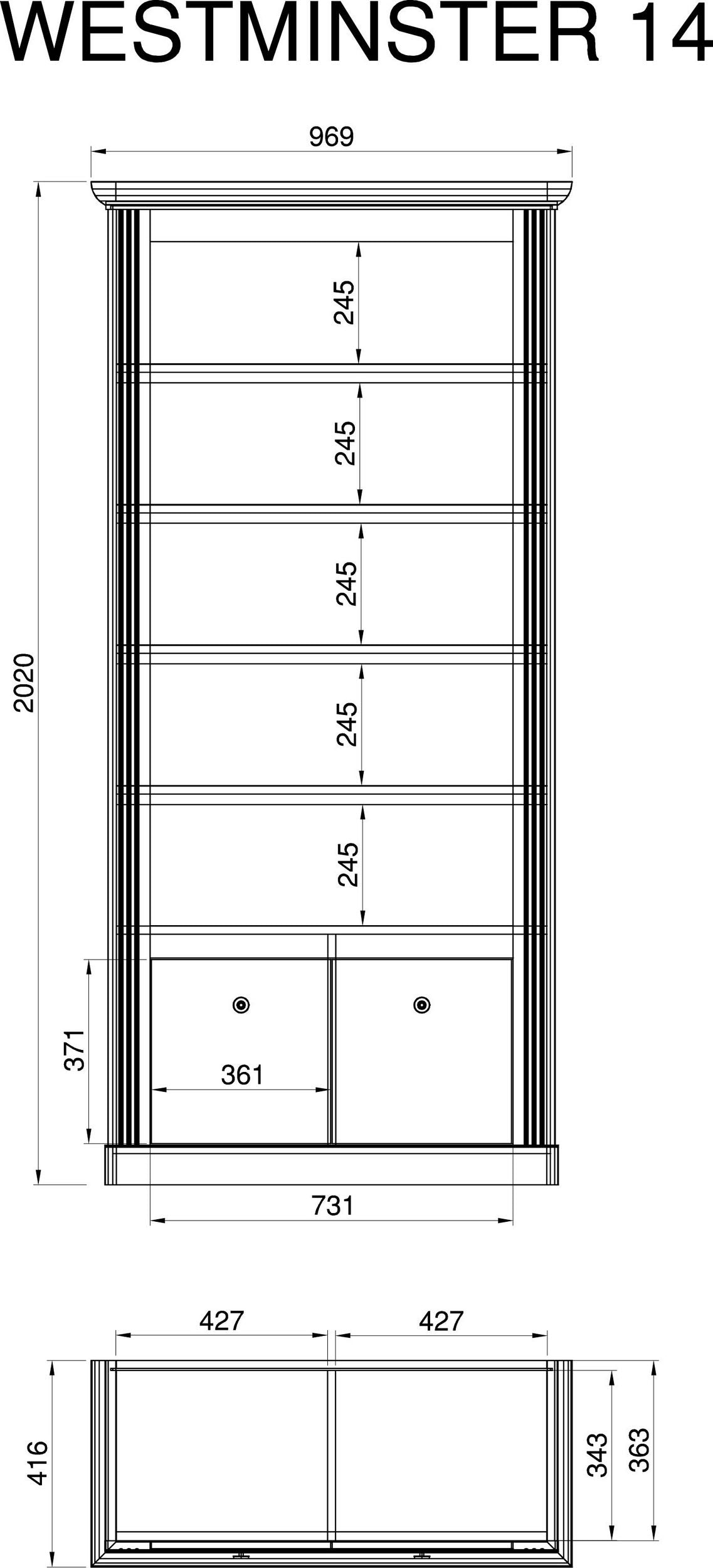 Etajeră Westminster 97 cm, 202 cm înălțime, cu 2 uși Arboteca