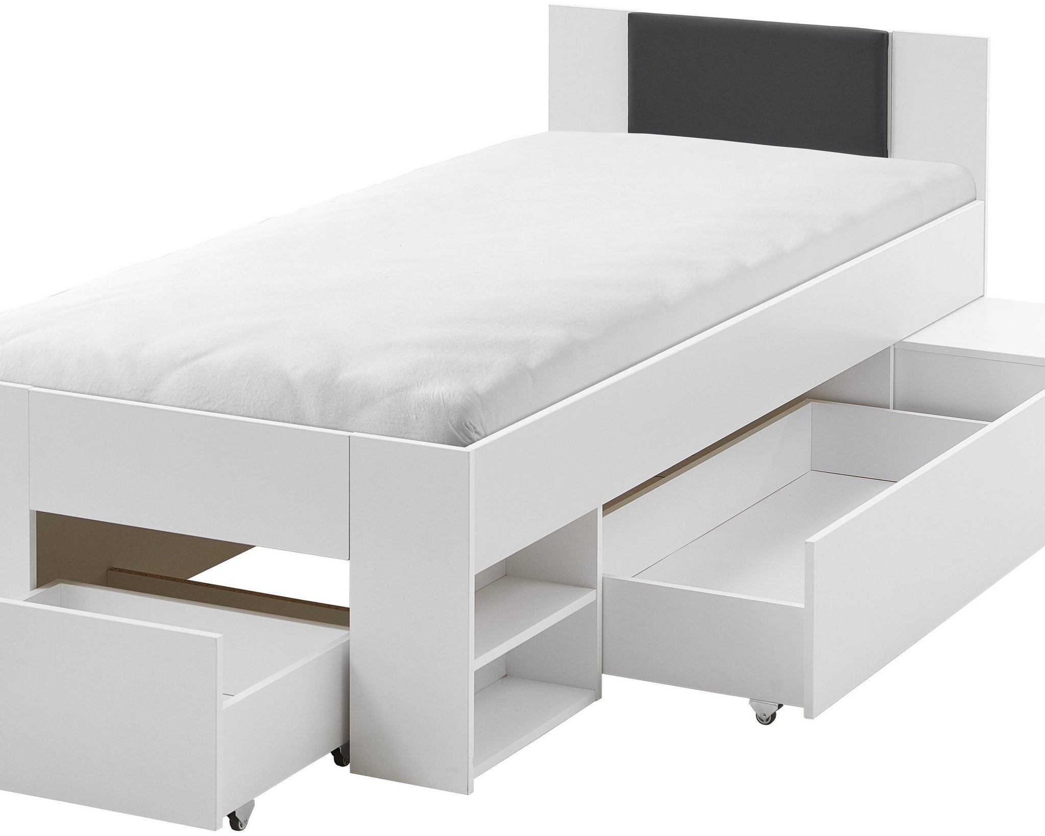 Pat single Relita – cu sertare mari, noptieră pe roți și spațiu de depozitare – alb, 90x200 cm Arboteca