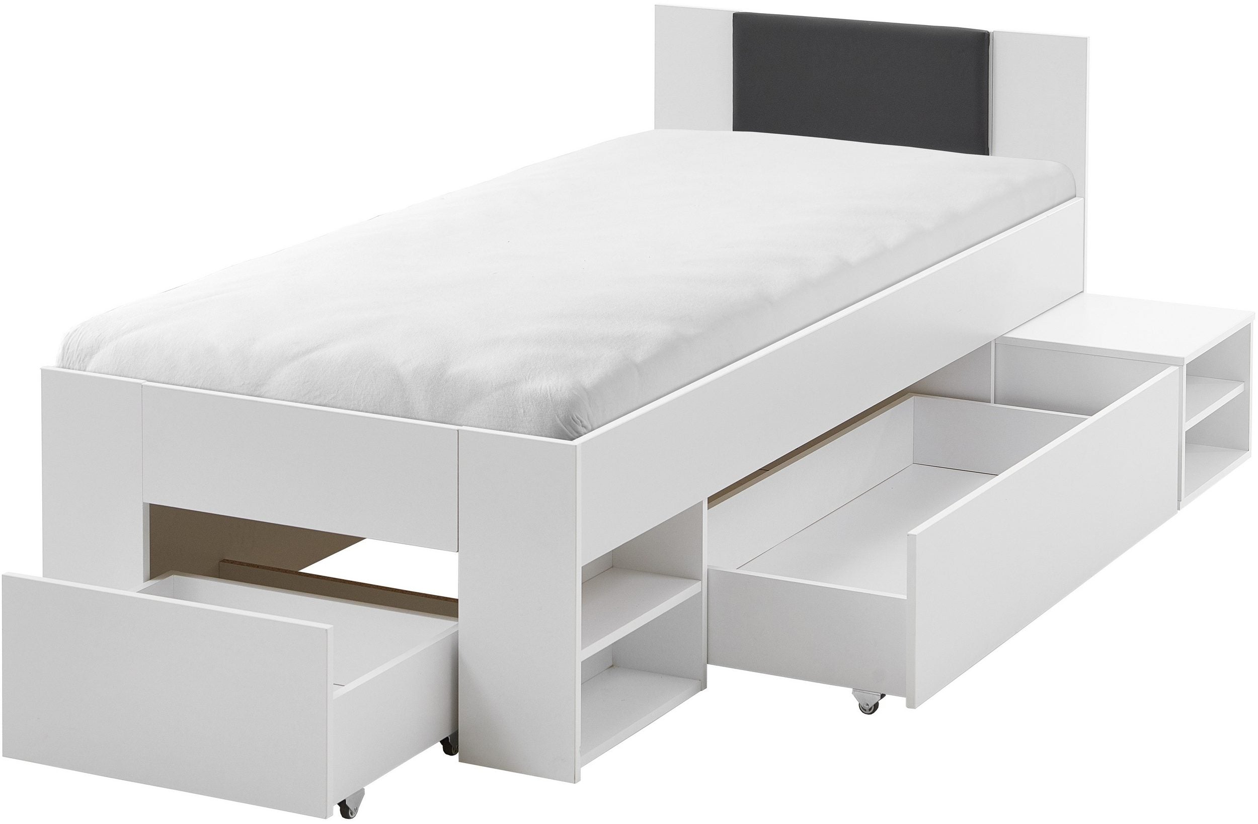 Pat single Relita – cu sertare mari, noptieră pe roți și spațiu de depozitare – alb, 90x200 cm Arboteca