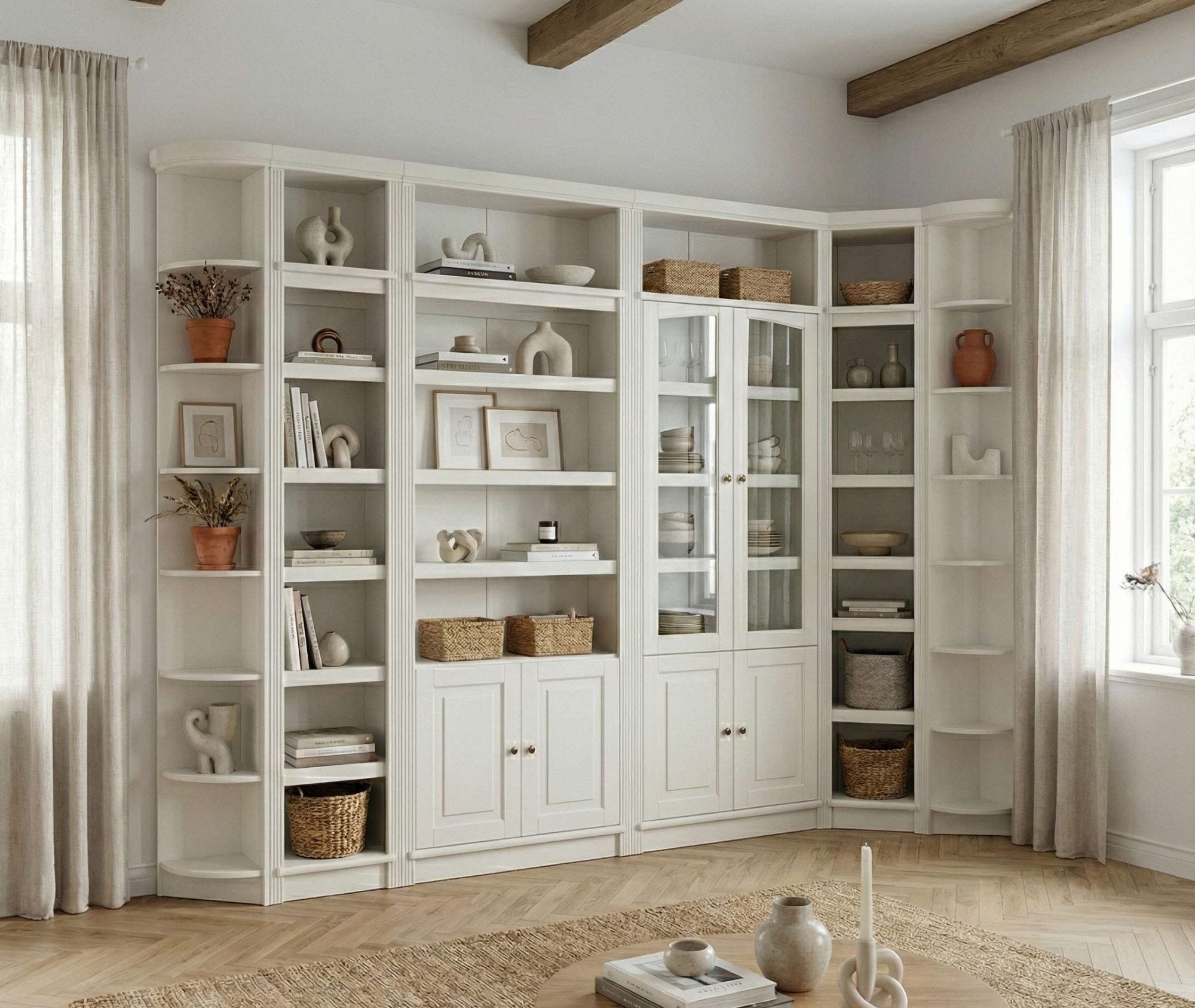 Bibliotecă Soeren din lemn masiv de pin, 7 rafturi, 40×29×220 cm – alb crem Arboteca