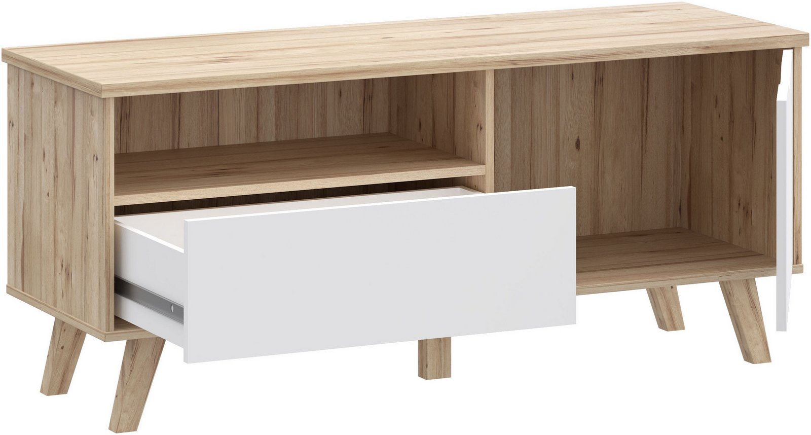 Comodă TV Vankka scandinavă, alb/lemn, 124×54×41 cm, picioare lemn masiv Arboteca