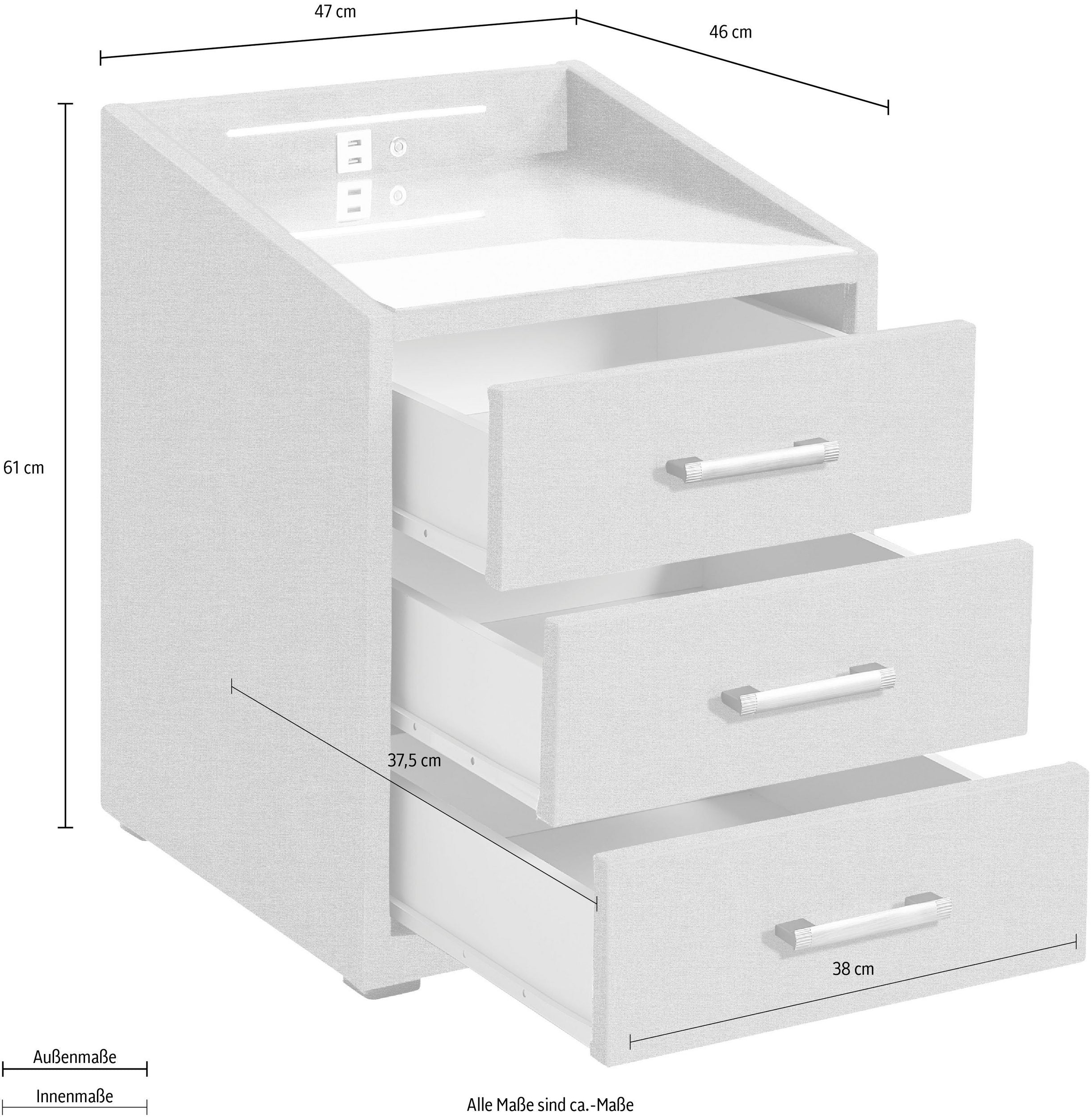 Noptiera tapitata Moon, iluminare LED, incarcare USB, 47 cm latime Arboteca