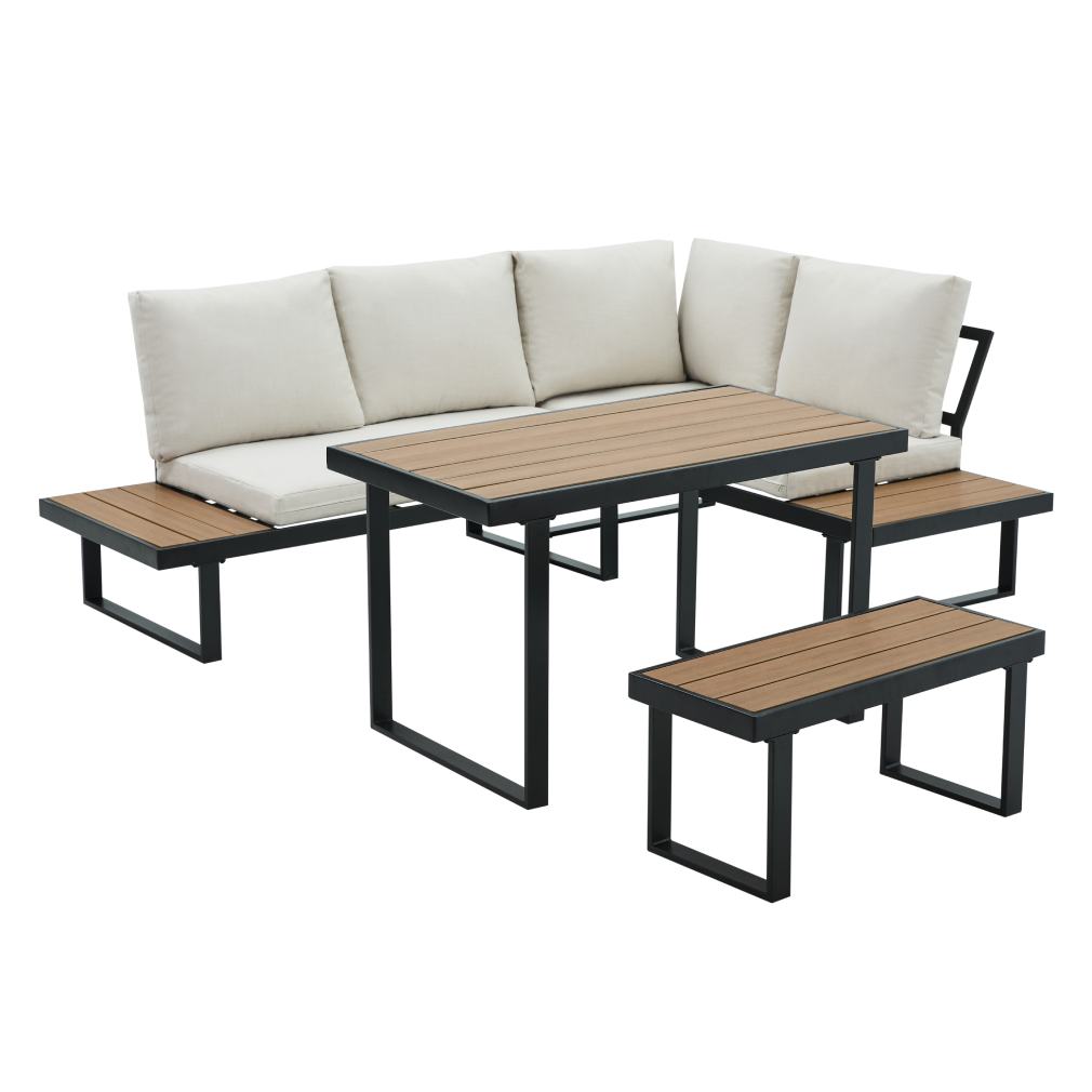 Set Grădină Modular FLOJD 4 Piese | Canapea Colț + Masă + Bancă | Oțel, Polywood | Kondela