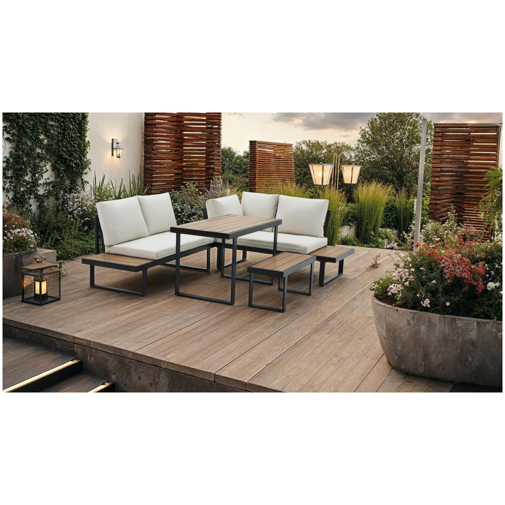 Set Grădină Modular FLOJD 4 Piese | Canapea Colț + Masă + Bancă | Oțel, Polywood | Kondela