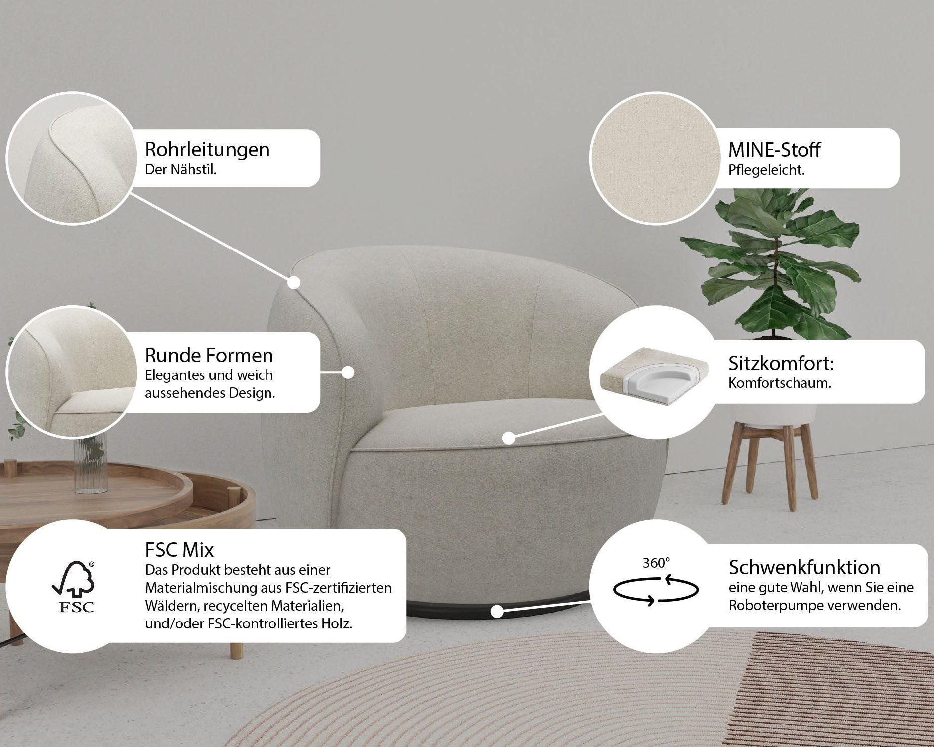 Fotoliu Effie, cu funcție de rotatie la 360°, Crem Arboteca