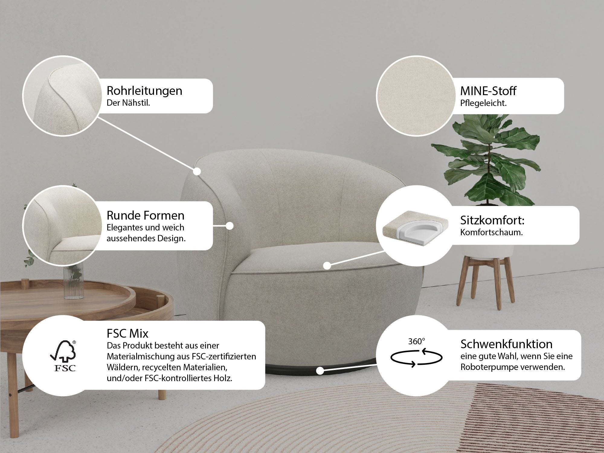 Fotoliu Effie, cu funcție de rotatie la 360°, Crem Arboteca