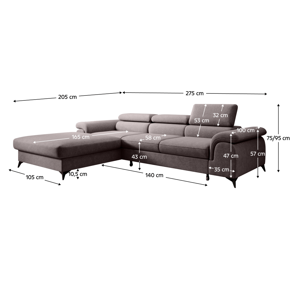 Canapea extensibilă PIRAN, maro, pe stânga, 275x205x75 cm Kondela