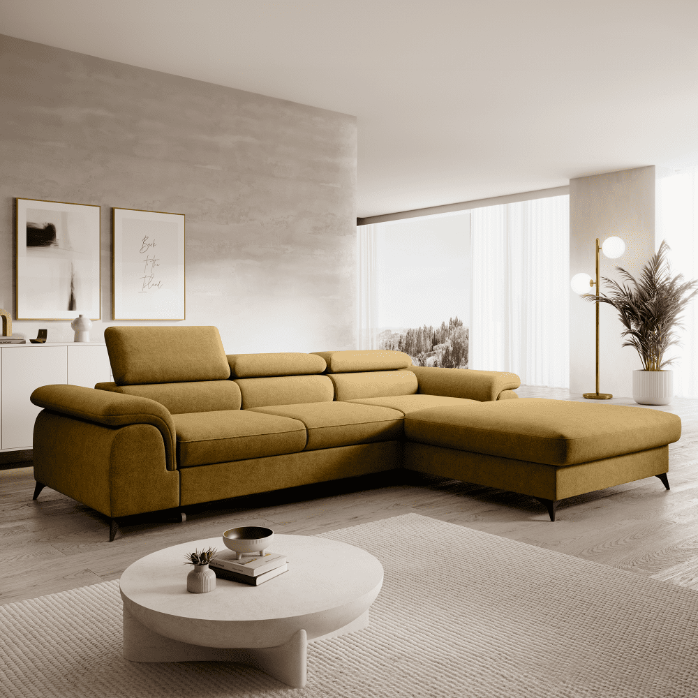 Set canapea extensibilă PIRAN, culoarea muștarului, pe dreapta, 275x205x75 cm Kondela