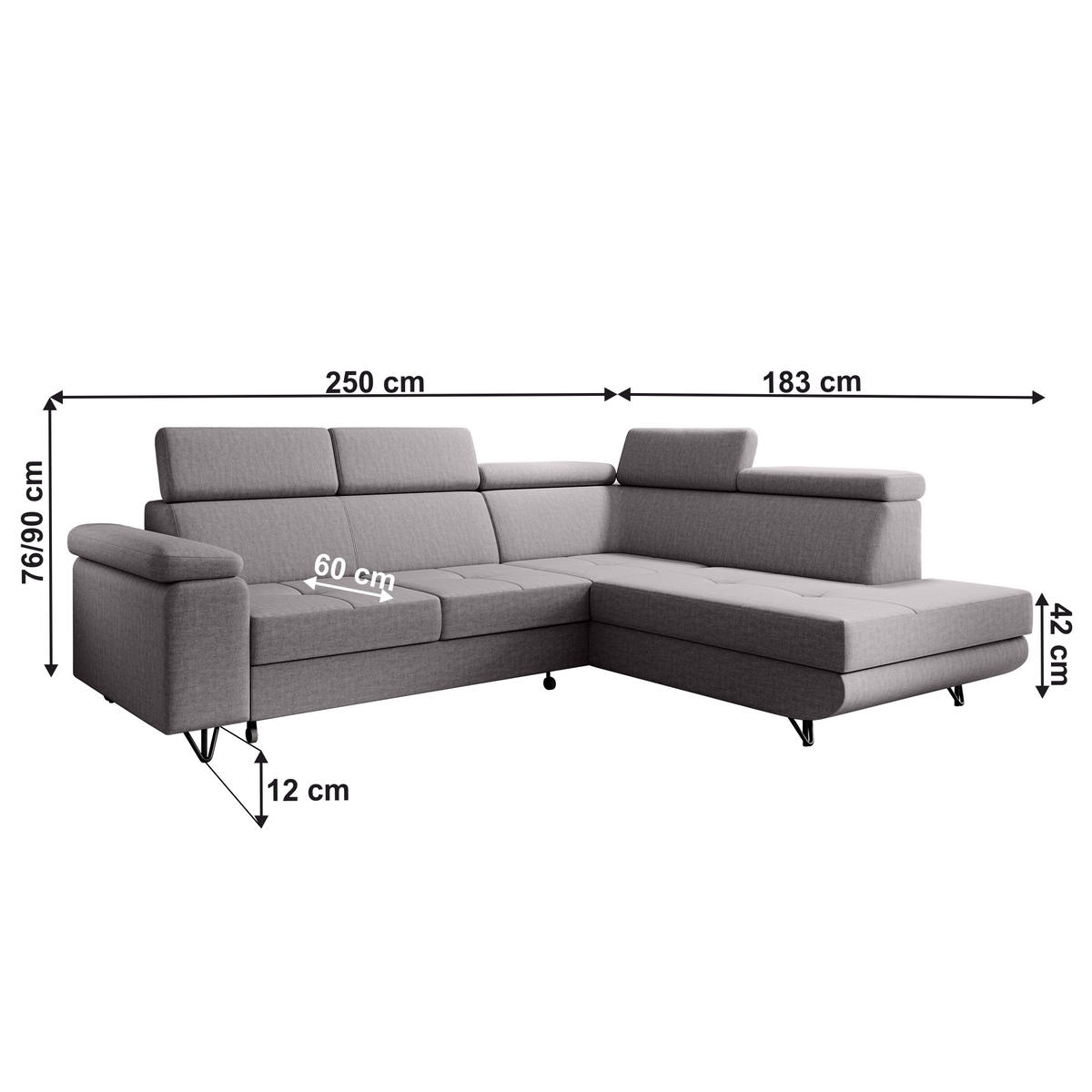 Canapea extensibilă POREC, gri deschis, pe dreapta, 250x183x76 cm Kondela