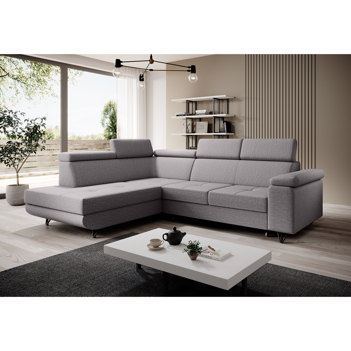 Canapea extensibilă POREC, gri deschis, pe stânga, 250x183x76 cm Kondela