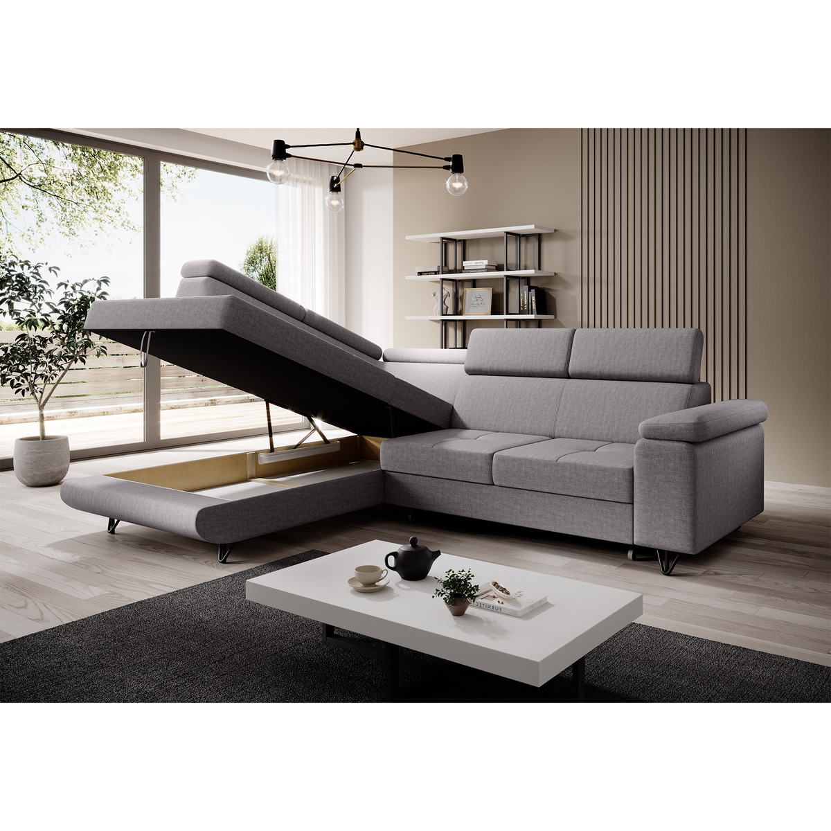 Canapea extensibilă POREC, gri deschis, pe stânga, 250x183x76 cm Kondela