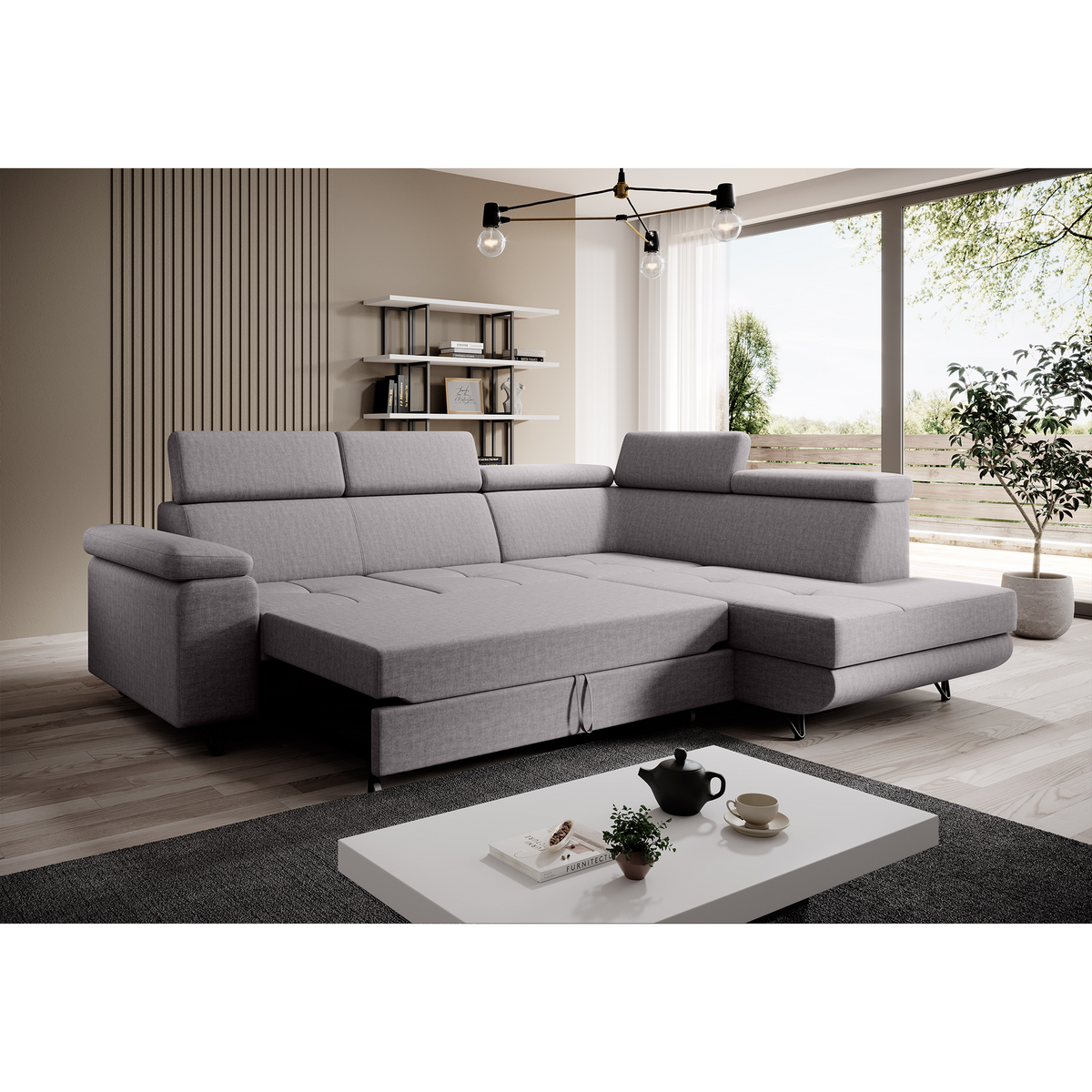 Canapea extensibilă POREC, gri deschis, pe dreapta, 250x183x76 cm Kondela