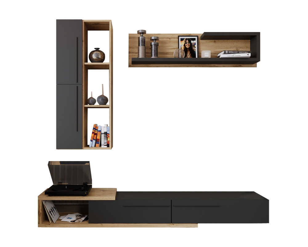 Ansamblu living KALVADOS 2, stejar Tacho/antracit, cu masă TV și raft, 210 cm Kondela
