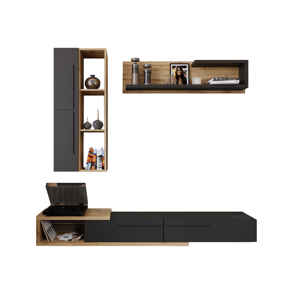 Ansamblu living KALVADOS 2, stejar Tacho/antracit, cu masă TV și raft, 210 cm Kondela