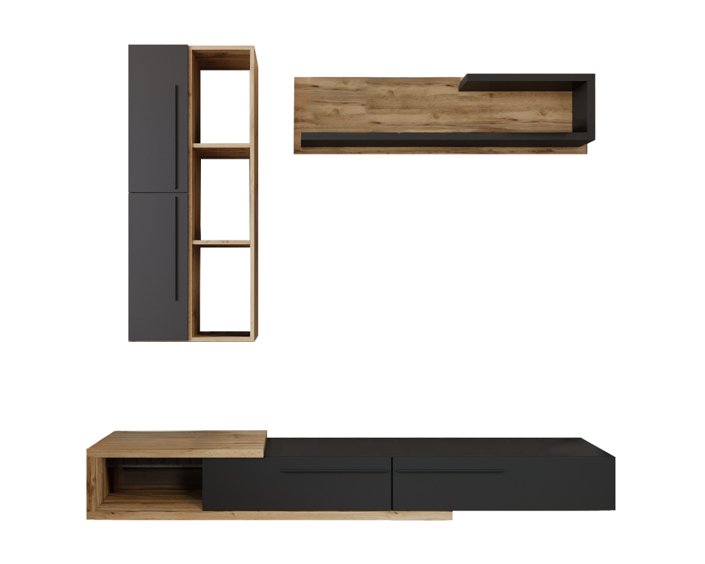 Ansamblu living KALVADOS 2, stejar Tacho/antracit, cu masă TV și raft, 210 cm Kondela