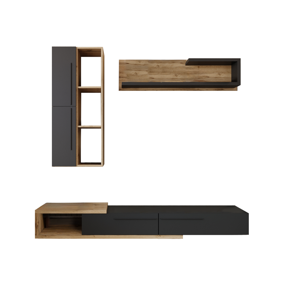 Ansamblu living KALVADOS 2, stejar Tacho/antracit, cu masă TV și raft, 210 cm Kondela