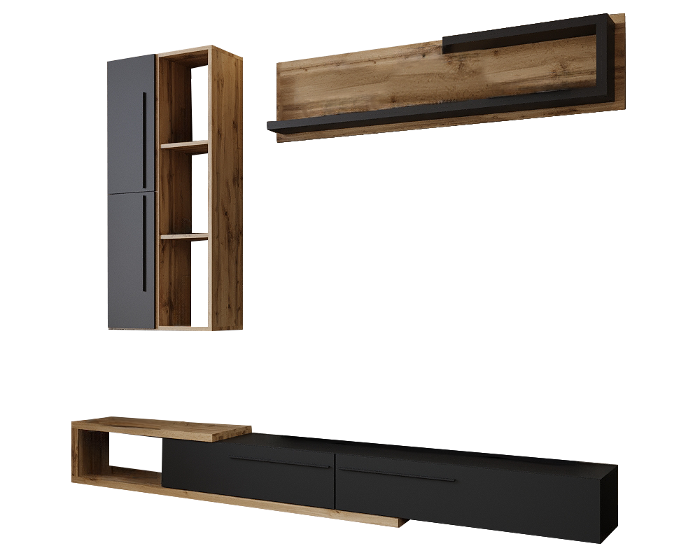 Ansamblu living KALVADOS 2, stejar Tacho/antracit, cu masă TV și raft, 210 cm Kondela