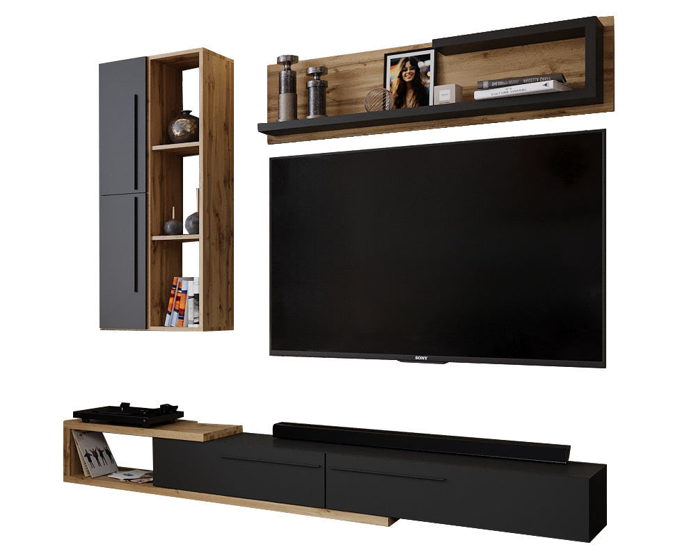 Ansamblu living KALVADOS 2, stejar Tacho/antracit, cu masă TV și raft, 210 cm Kondela