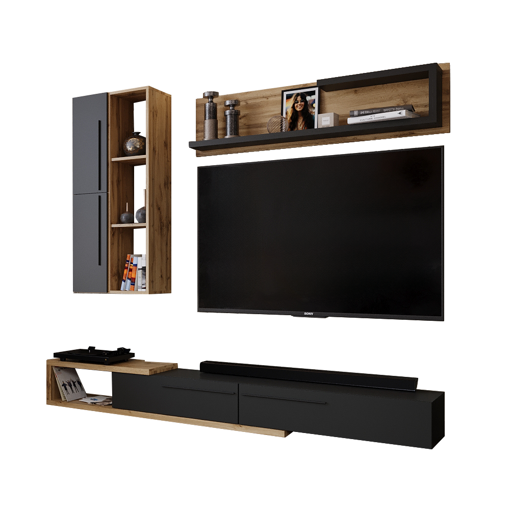 Ansamblu living KALVADOS 2, stejar Tacho/antracit, cu masă TV și raft, 210 cm Kondela