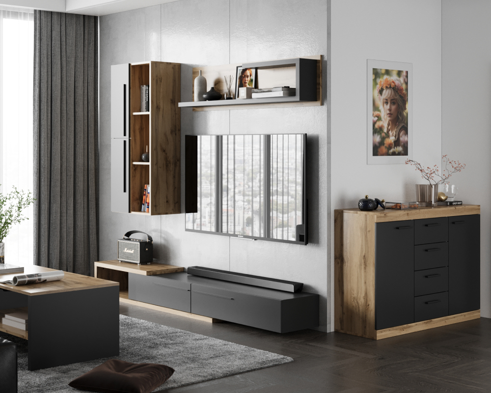 Ansamblu living KALVADOS 2, stejar Tacho/antracit, cu masă TV și raft, 210 cm Kondela