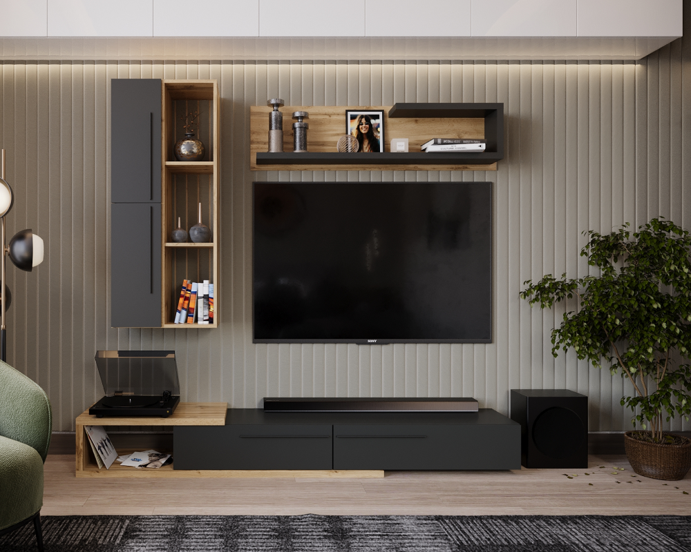 Ansamblu living KALVADOS 2, stejar Tacho/antracit, cu masă TV și raft, 210 cm Kondela