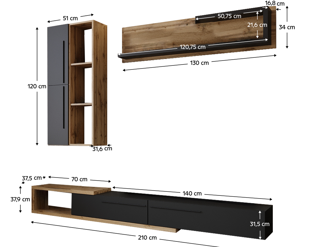 Ansamblu living KALVADOS 2, stejar Tacho/antracit, cu masă TV și raft, 210 cm Kondela