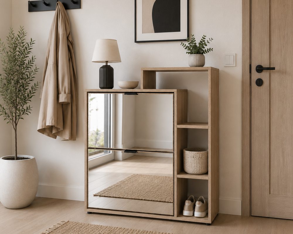 Pantofar basculant cu oglindă PALAMOS TIP 1, stejar sonoma, 80x24x93 cm Kondela