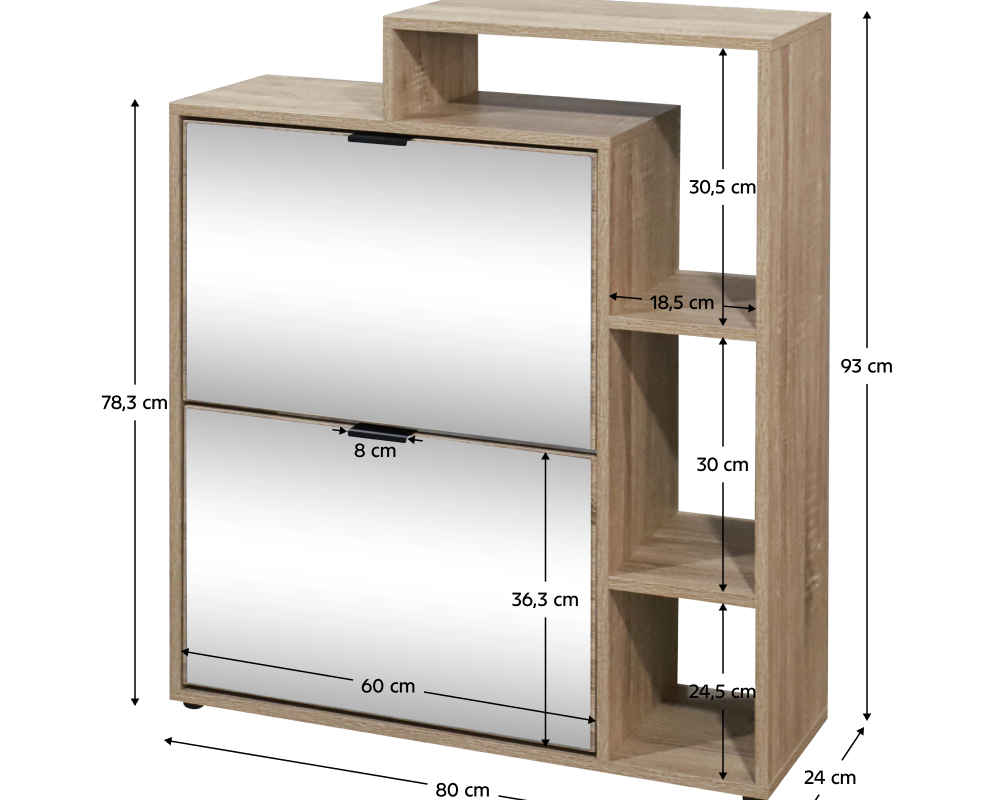 Pantofar basculant cu oglindă PALAMOS TIP 1, stejar sonoma, 80x24x93 cm Kondela