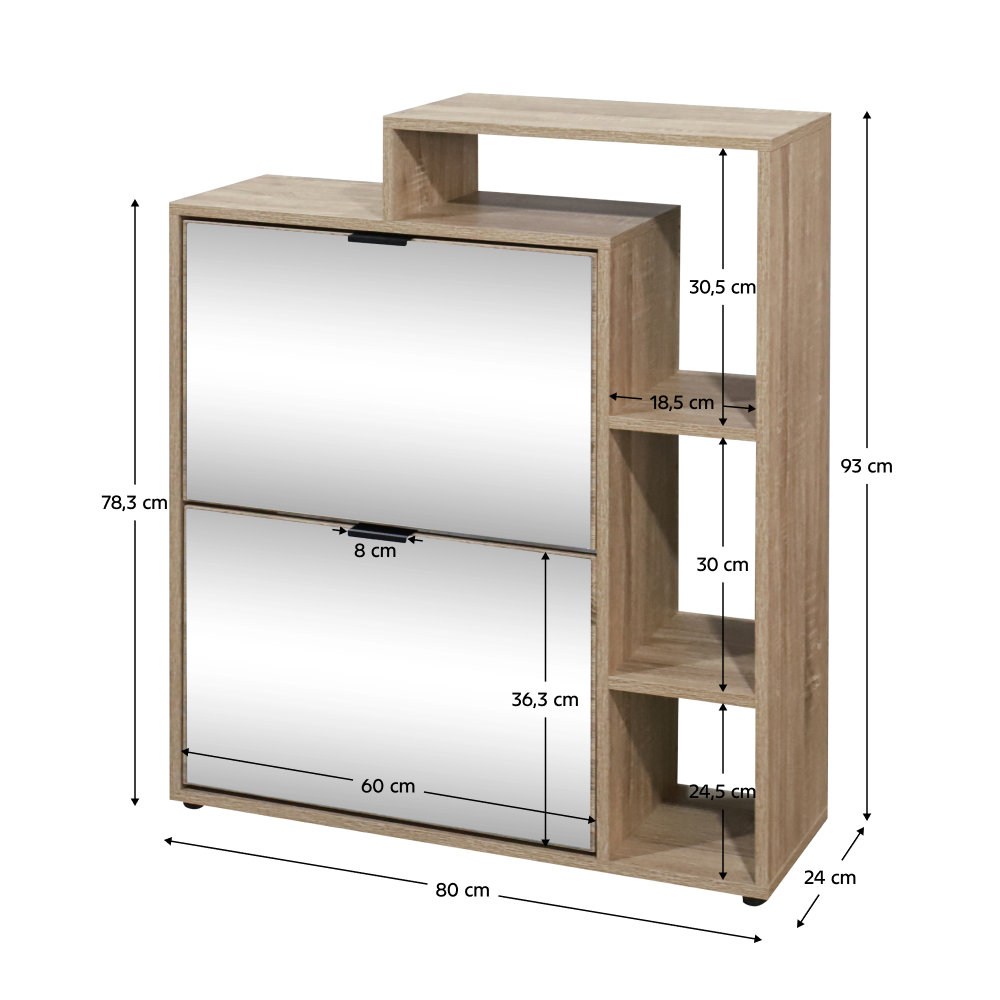 Pantofar basculant cu oglindă PALAMOS TIP 1, stejar sonoma, 80x24x93 cm Kondela