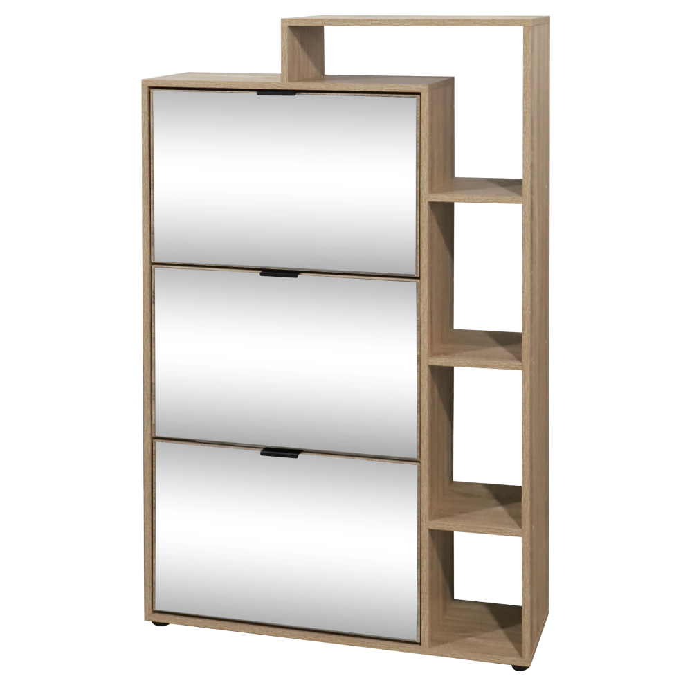 Pantofar basculabil cu trei rânduri cu oglindă PALAMOS TIP 2, stejar sonoma, 80x24x130 cm Kondela