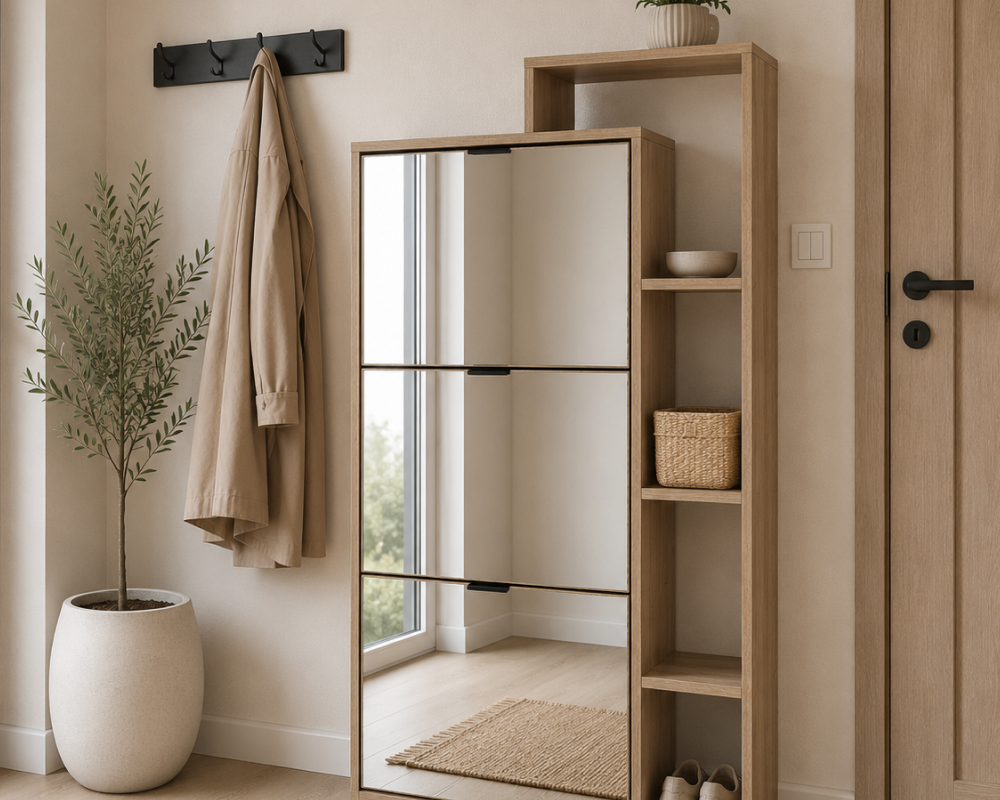 Pantofar basculabil cu trei rânduri cu oglindă PALAMOS TIP 2, stejar sonoma, 80x24x130 cm Kondela