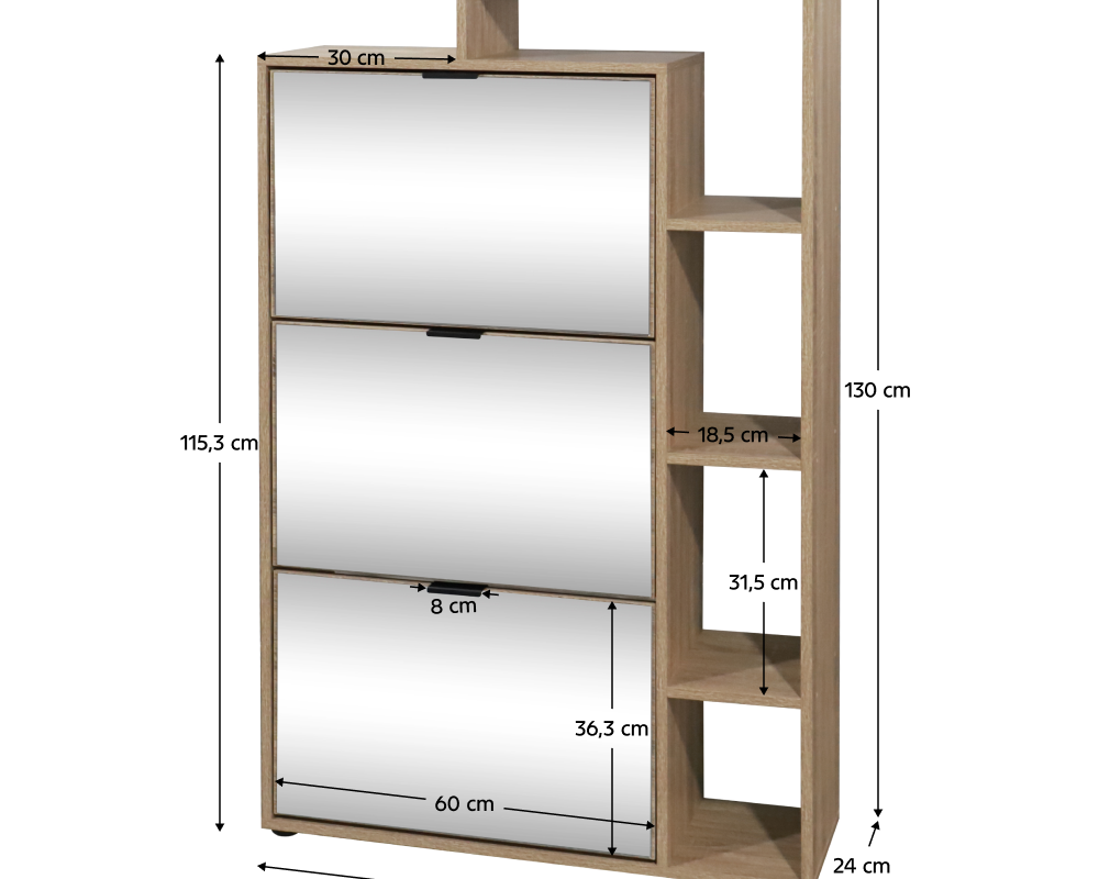 Pantofar basculabil cu trei rânduri cu oglindă PALAMOS TIP 2, stejar sonoma, 80x24x130 cm Kondela