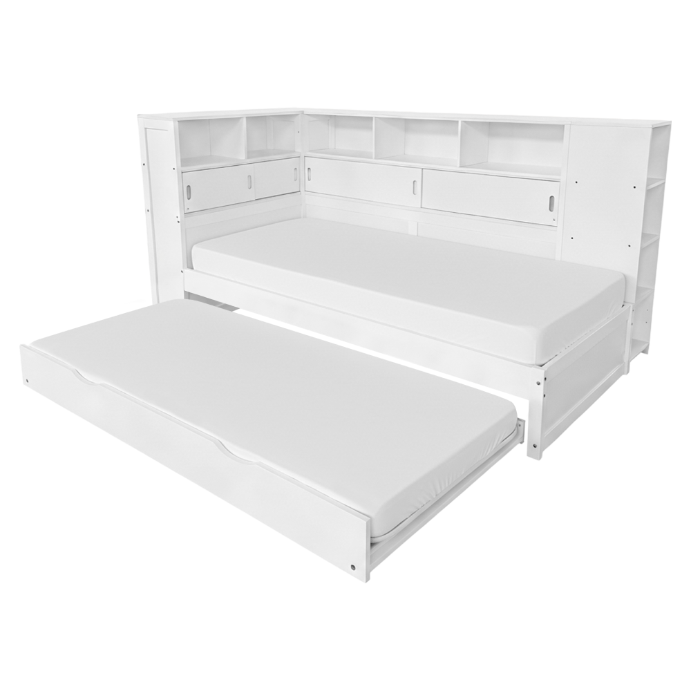 Pat multifuncțional LENDON, alb, 90x200 cm, cu rafturi și pat suplimentar Kondela