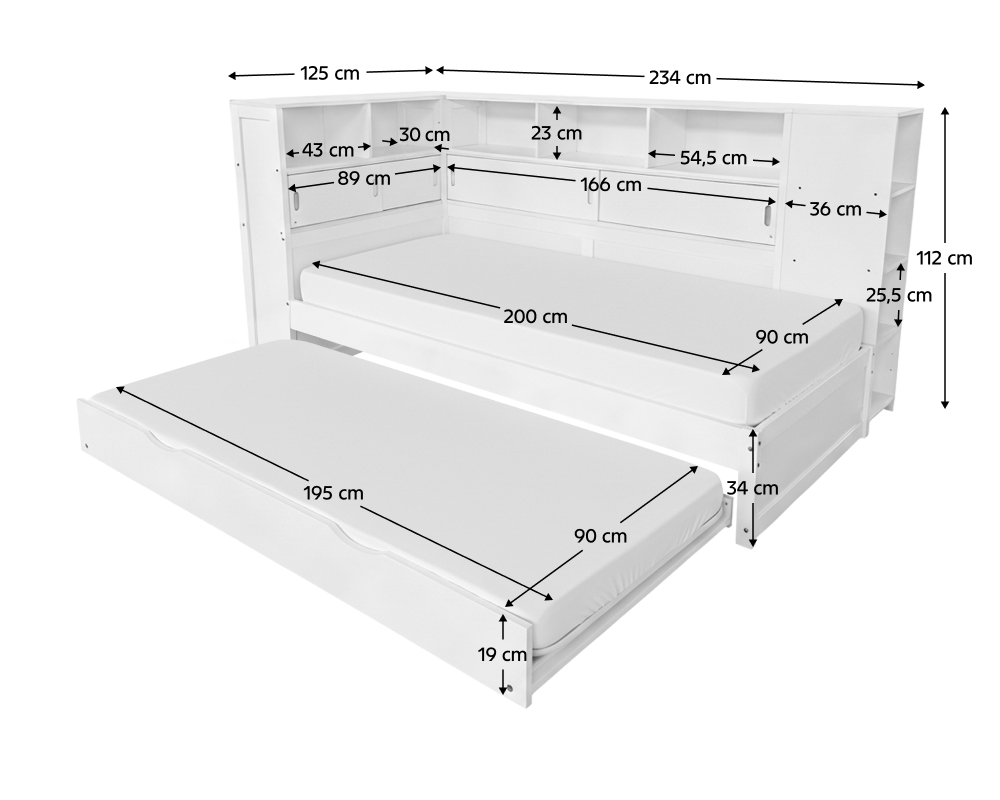 Pat multifuncțional LENDON, alb, 90x200 cm, cu rafturi și pat suplimentar Kondela
