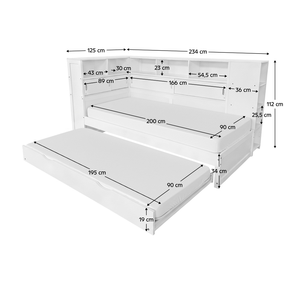 Pat multifuncțional LENDON, alb, 90x200 cm, cu rafturi și pat suplimentar Kondela