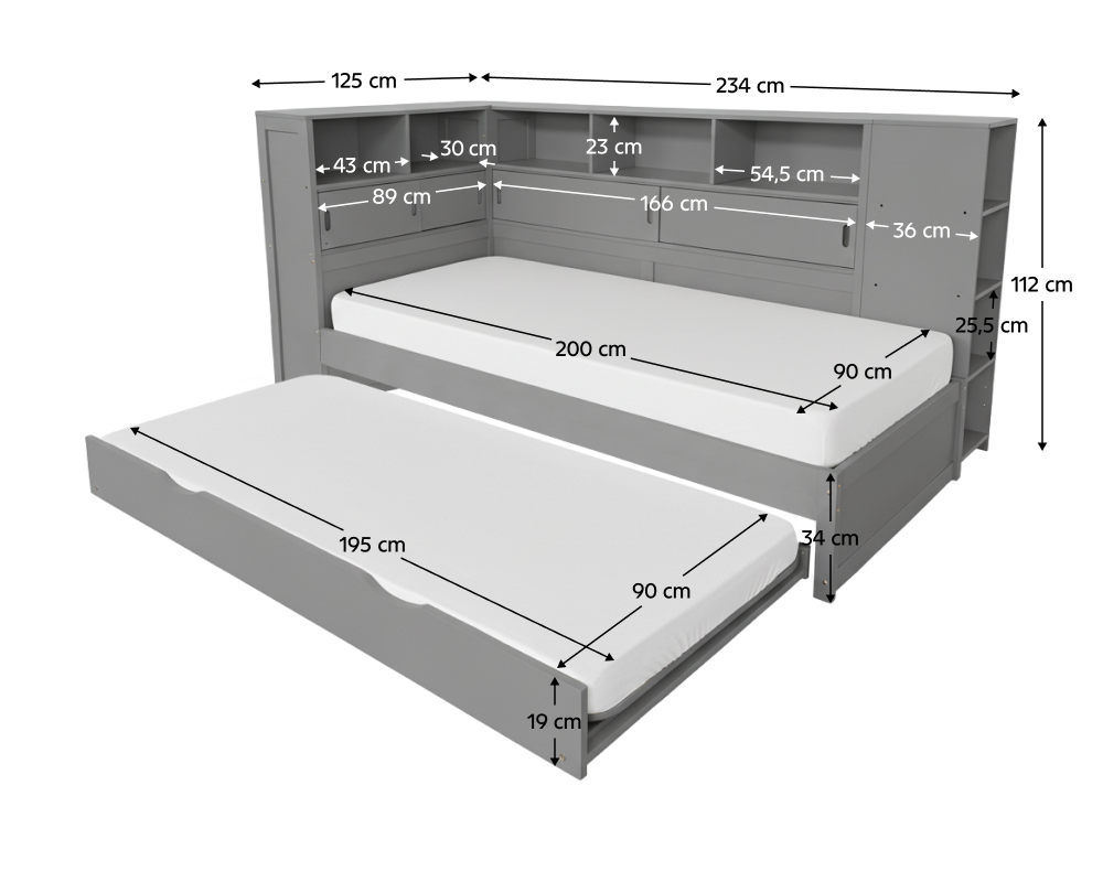 Pat multifuncțional LENDON, gri, 90x200 cm, cu rafturi și pat suplimentar Kondela