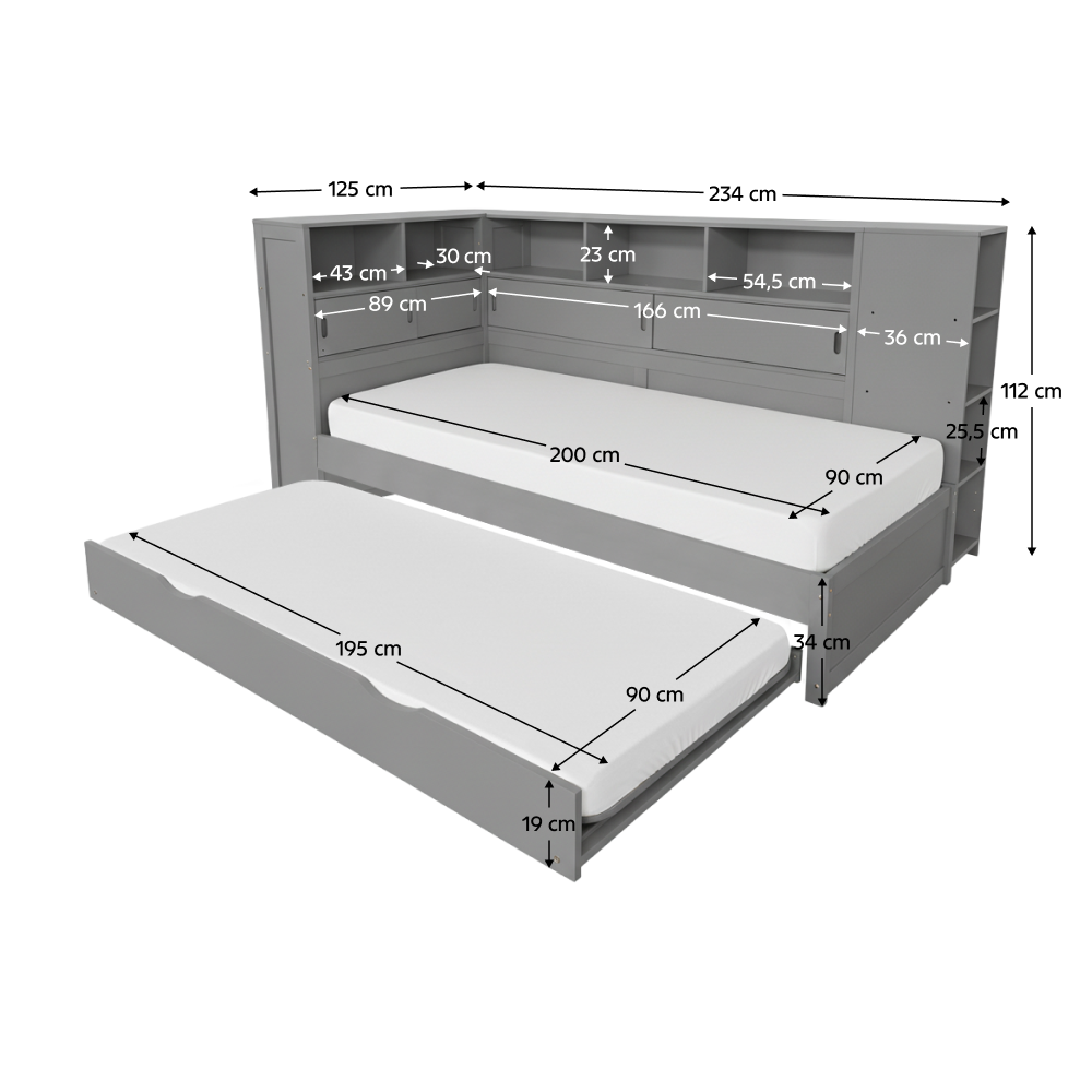 Pat multifuncțional LENDON, gri, 90x200 cm, cu rafturi și pat suplimentar Kondela