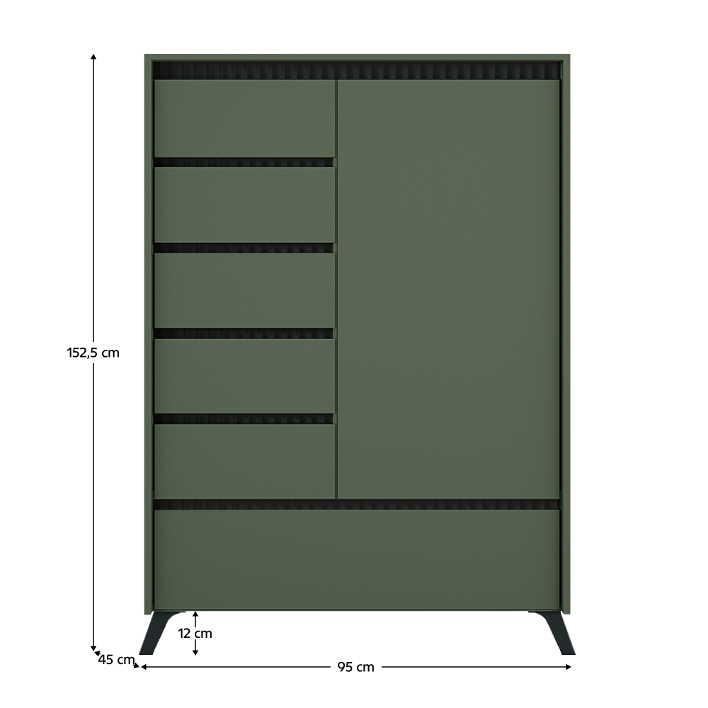 Comodă LONGY, verde smoke/negru, 1 ușă și 5 sertare, 95 cm Kondela
