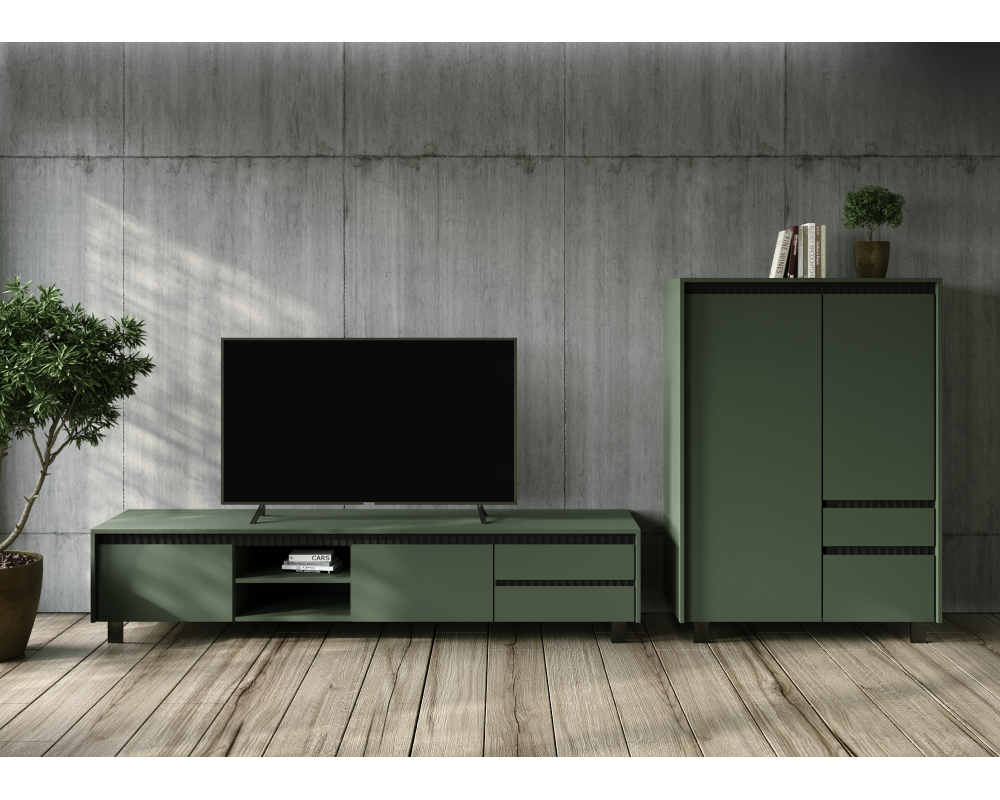 Comodă TV LONGY, verde smoke/negru, 2 uși, 206 cm Kondela