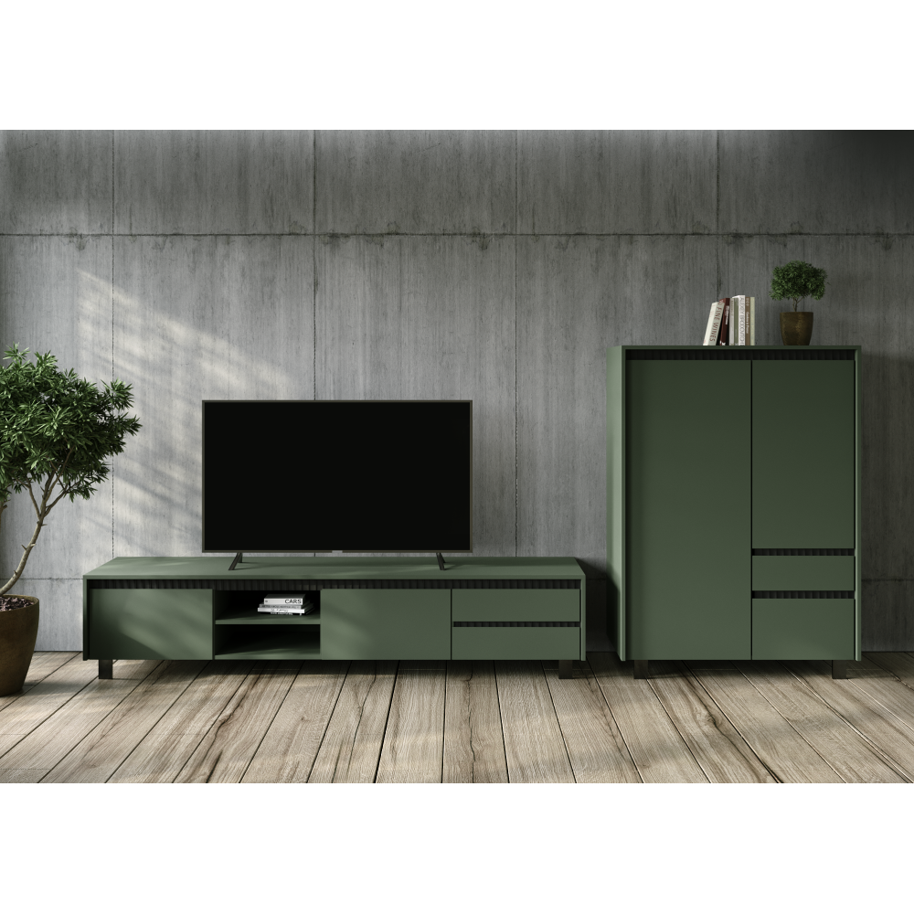 Comodă TV LONGY, verde smoke/negru, 2 uși, 206 cm Kondela