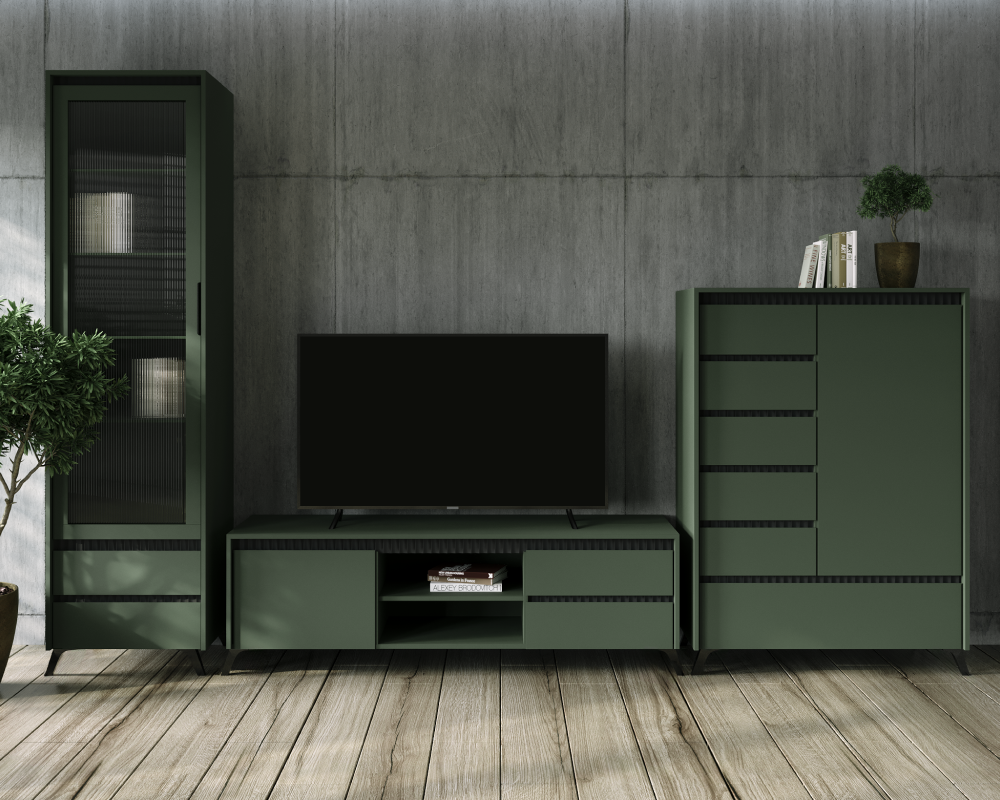 Comodă TV LONGY, verde smoke/negru, 2 uși, 206 cm Kondela