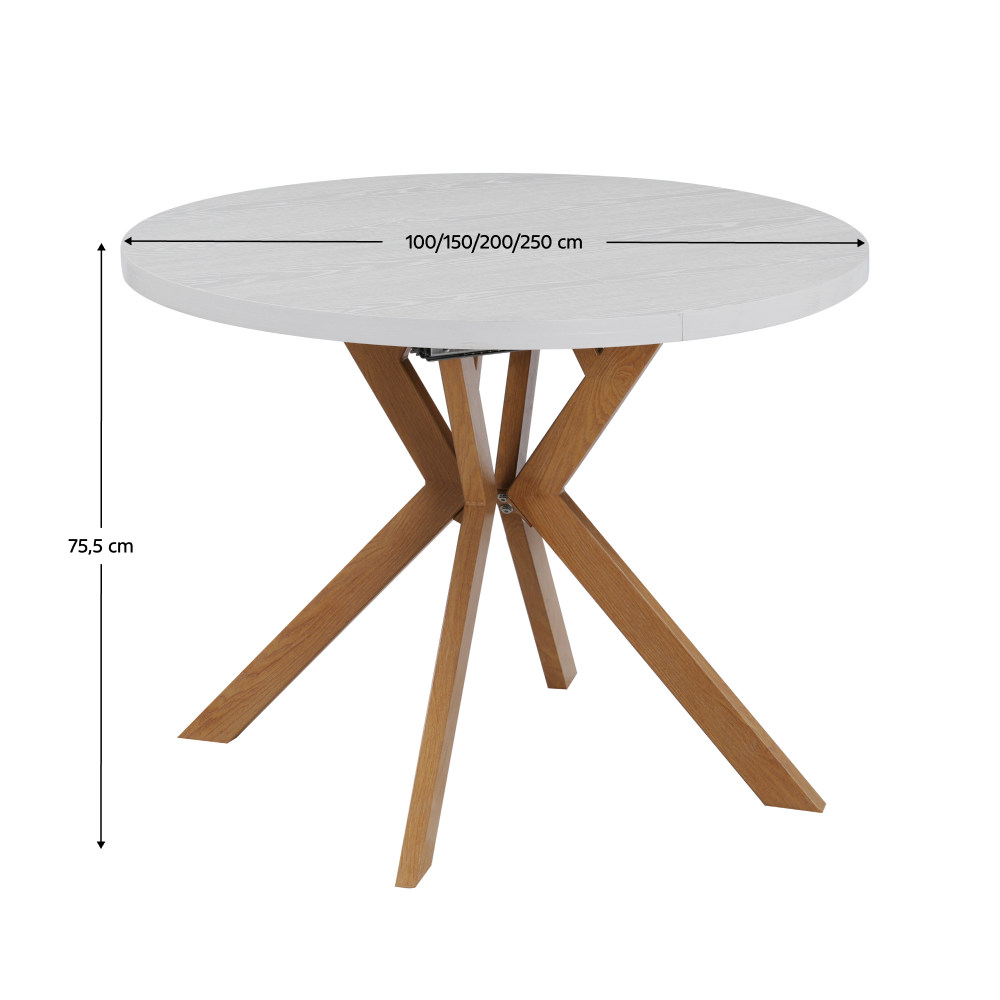 Masă extensibilă de sufragerie TAVIRA, albă/stejar, 100-250x75, 100x100x75.5 cm Kondela