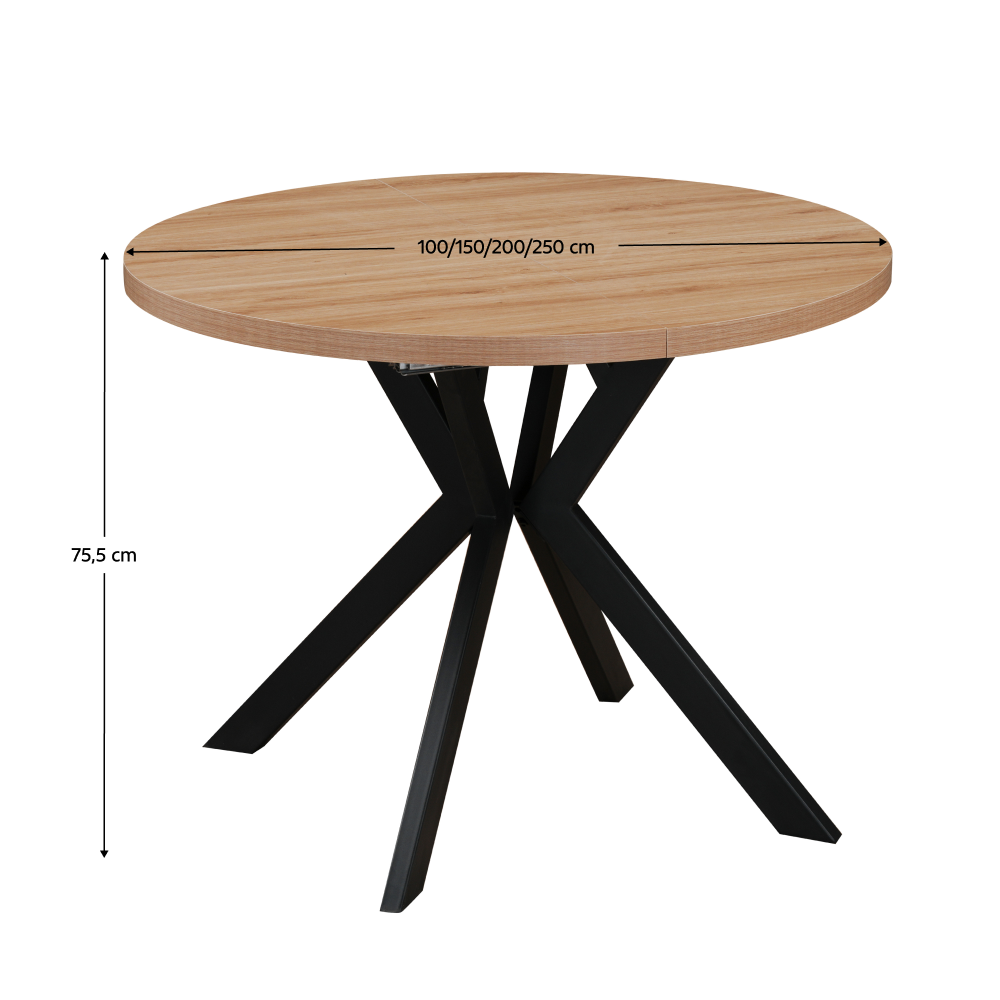 Masă extensibilă de sufragerie, stejar deschis/negru, 100-250x75,5 cm, LUKOS Kondela