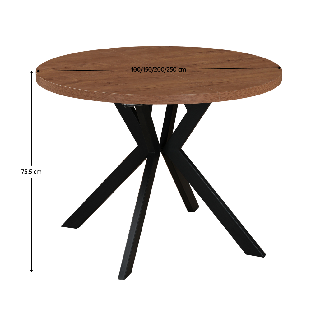 Masă de sufragerie extensibilă TAVIRA, stejar închis/negru, 100-250x75, 100x100x75.5 cm Kondela