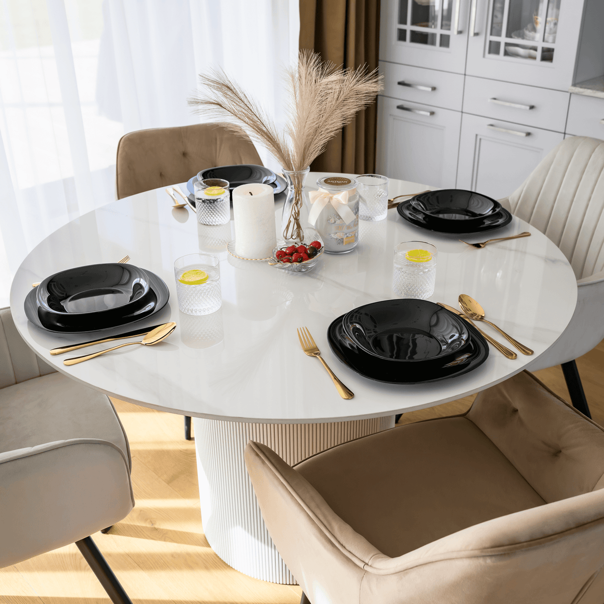 Masă de sufragerie MODICA TIP 1, marmură albă/MDF, diametru 120 cm Kondela